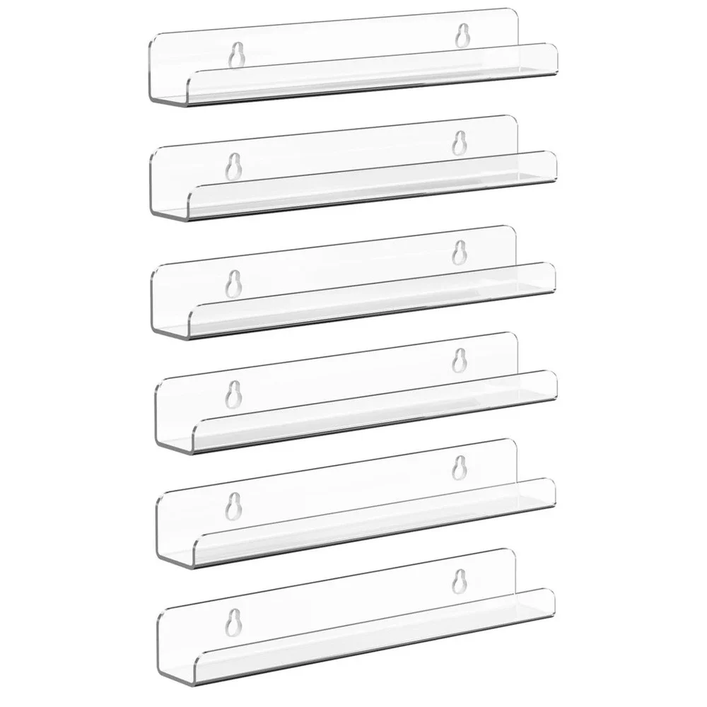 Set of 6 Clear Acrylic Wall Mounted Bracket Shelves for Books, 11.8 x 1.6 in